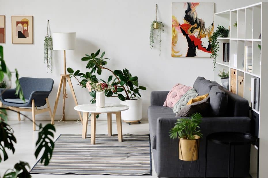Image d'un salon moderne avec canapé et table basse, et des plantes vertes décorant la pièce