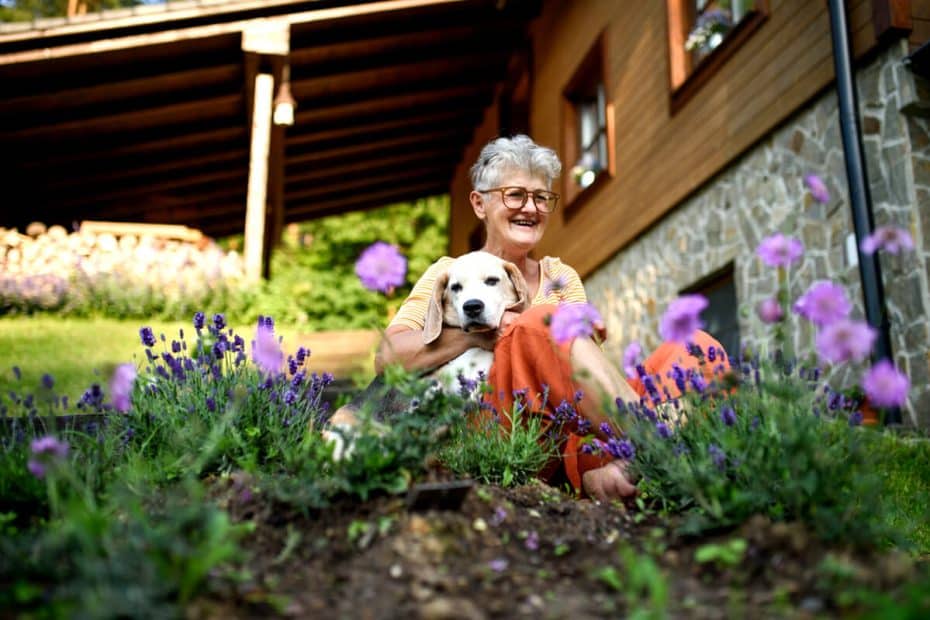 Une grand-mère avec son chien et son potager