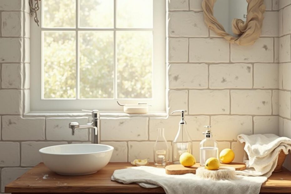 Salle de bain lumineuse avec évier, accessoires et citrons sur un plan de travail en bois