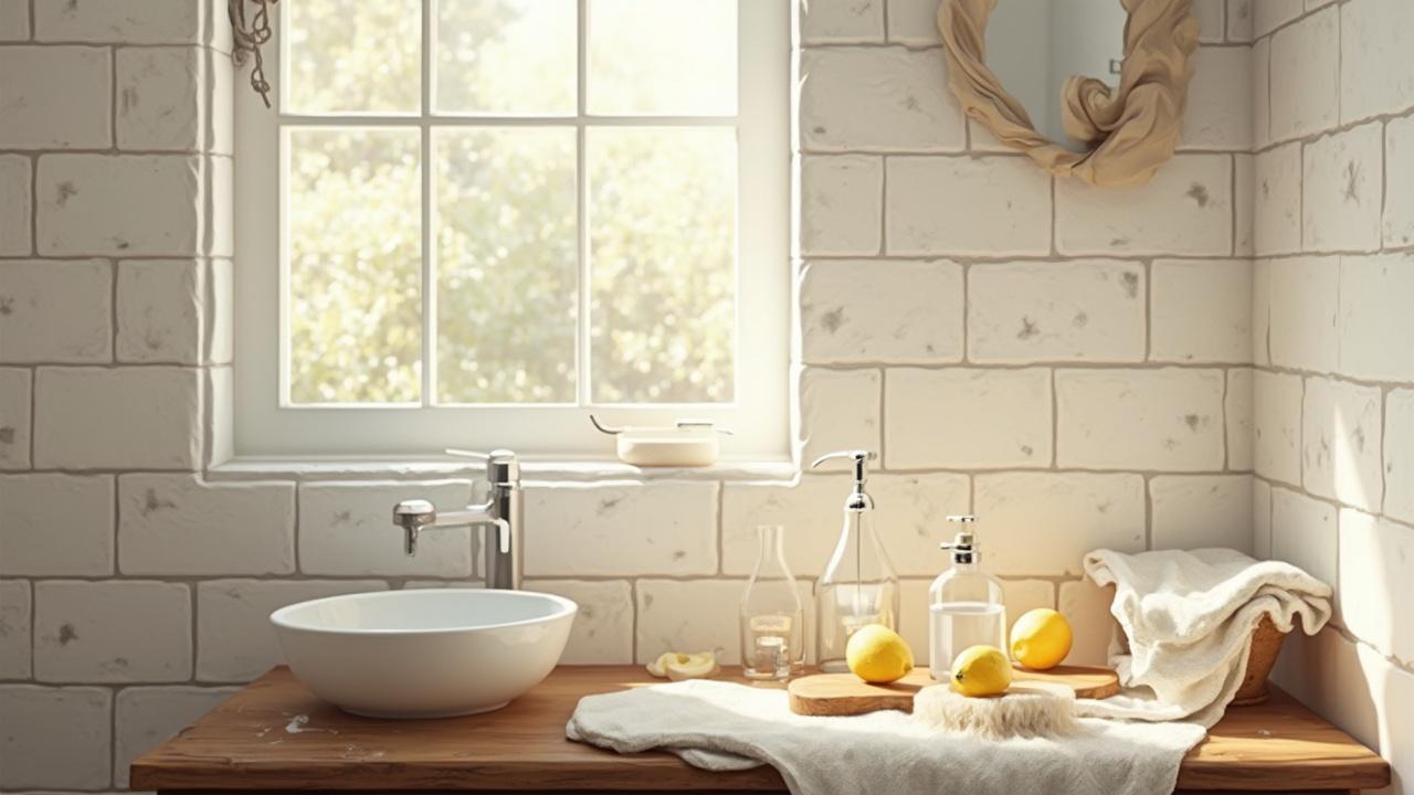 Salle de bain lumineuse avec évier, accessoires et citrons sur un plan de travail en bois