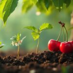 Deux cerises rouges sur une branche avec des feuilles vertes