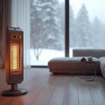 Un radiateur électrique réchauffe l'intérieur d'un salon confortable avec vue sur la neige.