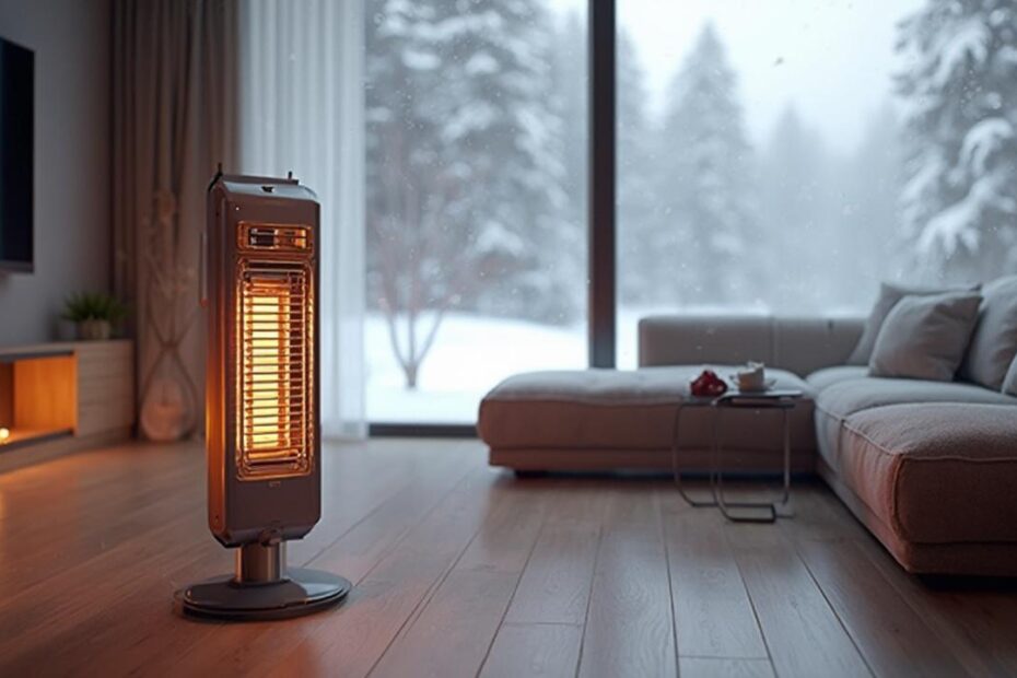 Un radiateur électrique réchauffe l'intérieur d'un salon confortable avec vue sur la neige.