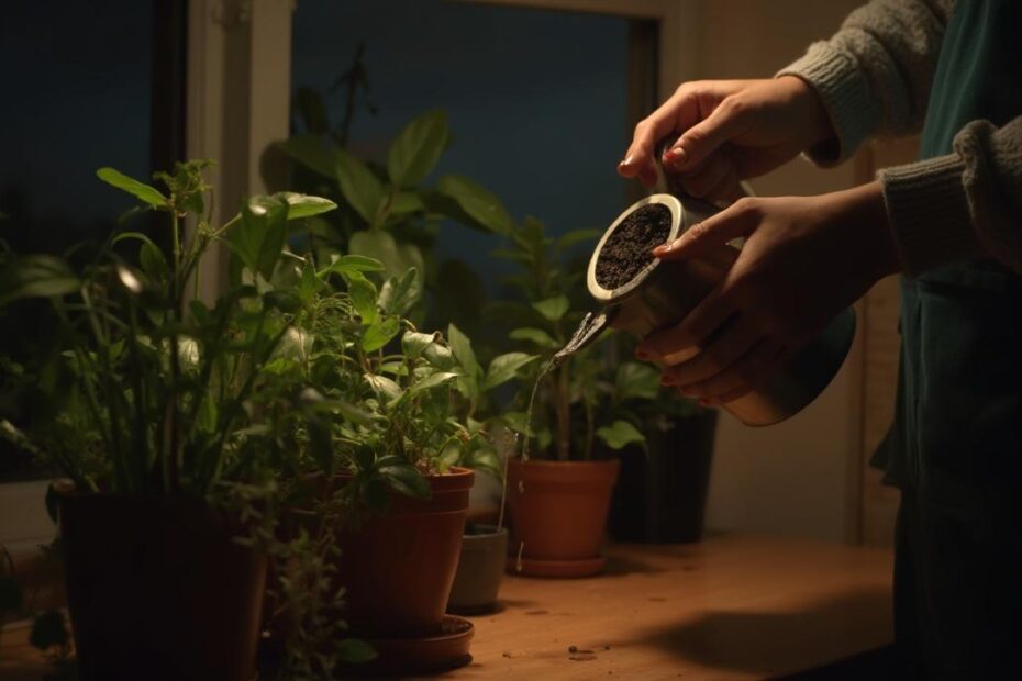 Une main arrose délicatement des plantes en pot dans une pièce sombre.