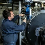 Technicien ajustant une vanne sur grande chaudiere en sous-sol