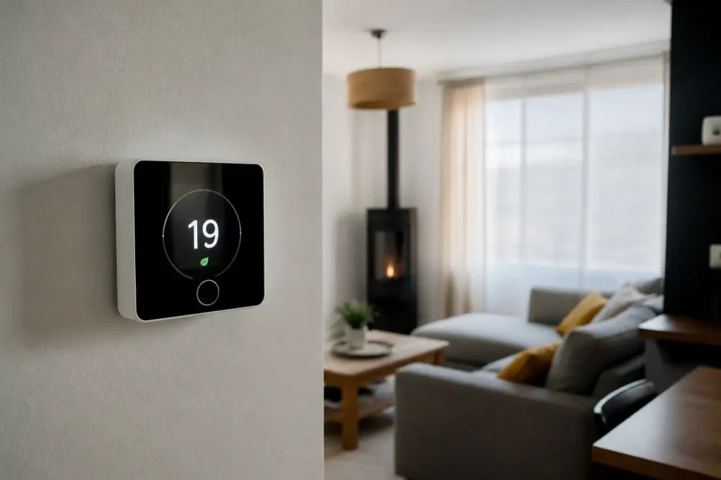 Thermostat numérique affichant 19 degrés dans un salon moderne